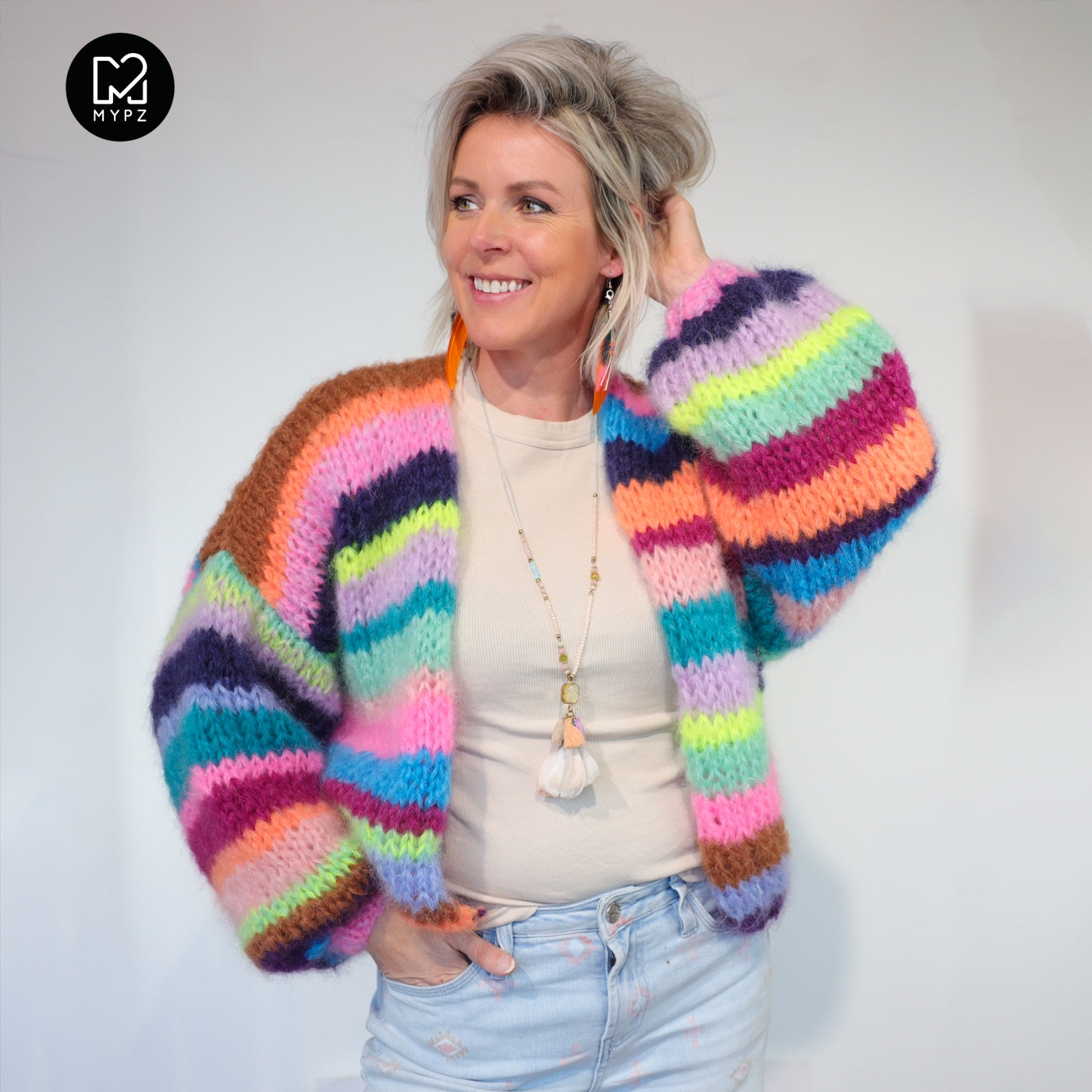 Knit Pattern – Chunky Mohair Cardigan Rainbow Medley No.12 (ENG-NL-DE)