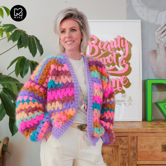 Crochet kit - MYPZ Mohair Granny stripes cardigan Fiesta (ENG-NL-DE)