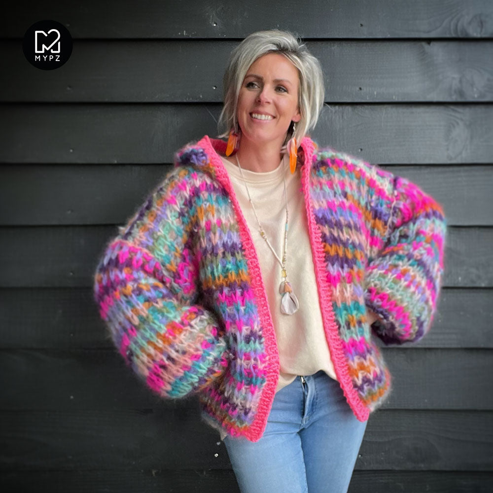 MYPZ Chunky Mohair Rib Cardigan Confetti with hoodie