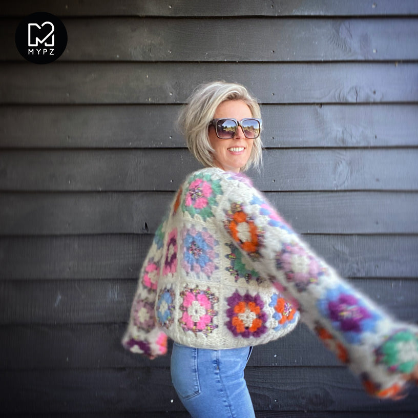 Crochet pattern - MYPZ Granny square bomber cardigan Off White (ENG-NL-DE-ES)