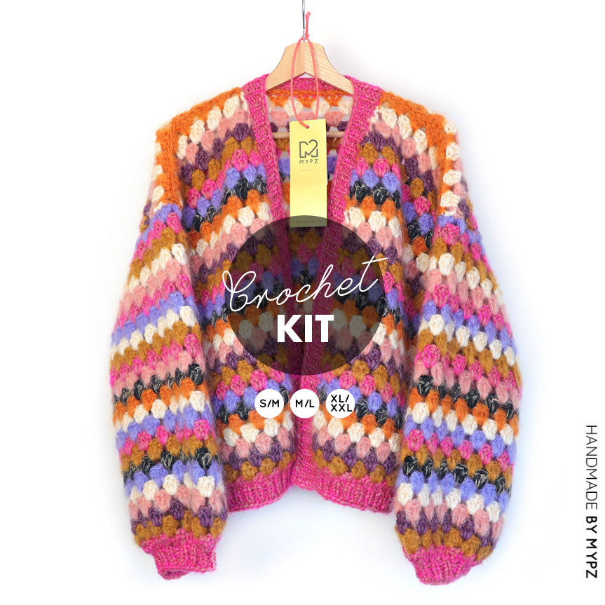 Crochet kit - MYPZ Short Mohair Granny stripes cardigan Rosé (ENG-NL)